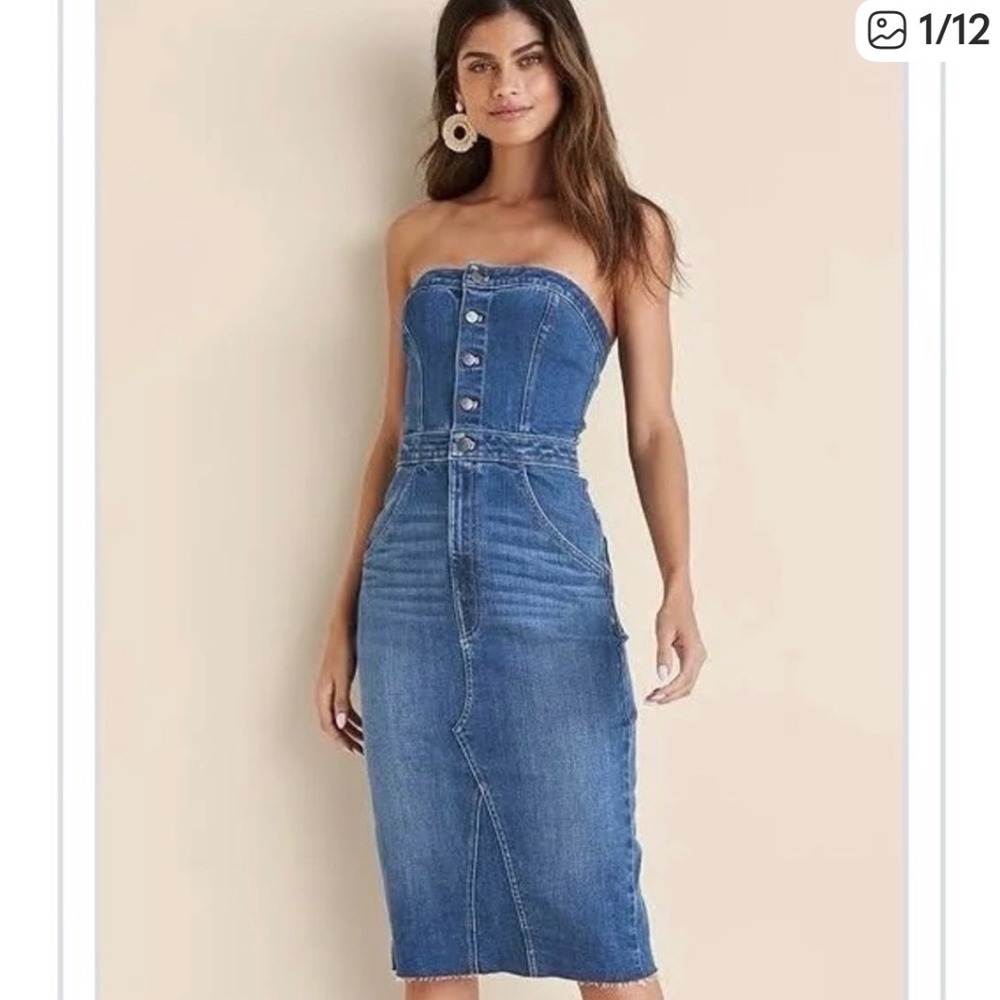 NEW Sincerely Jules Denim Strapless Midi Dress Medium Wash Jean Pockets Small